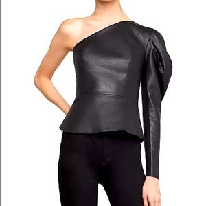 Never been worn one shoulder BCBG top. New with tags. Faux leather top.